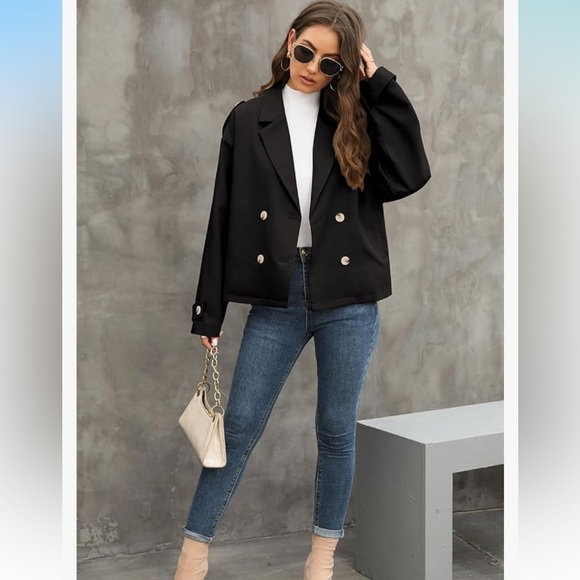 NWT Cropped Trench Coats Double Breasted Blazer Long Sleeve Lapel with Pockets - Picture 4 of 6